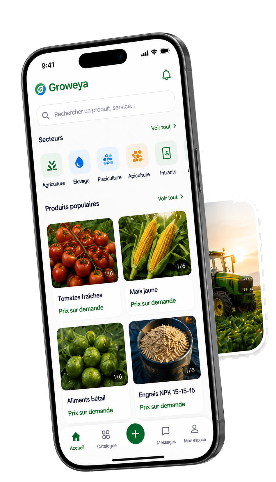 Mockup mobile Groweya montrant le catalogue et les produits populaires