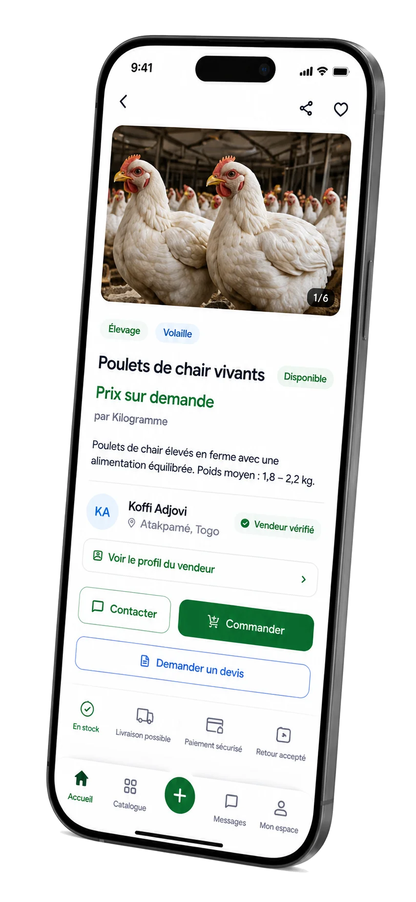 Mockup mobile Groweya montrant une fiche produit volaille