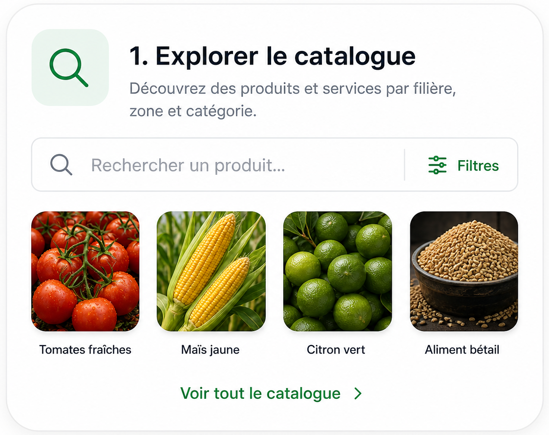 Mini interface catalogue Groweya avec recherche et vignettes produits