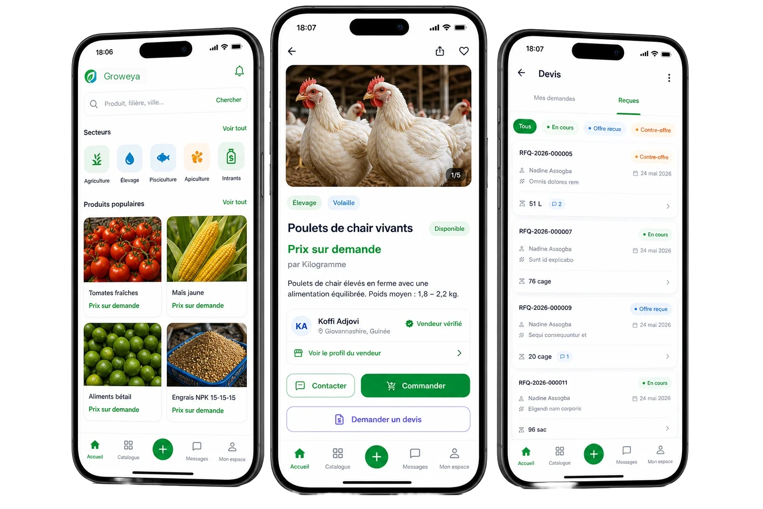 Apercu mobile de Groweya avec catalogue, fiche produit et devis
